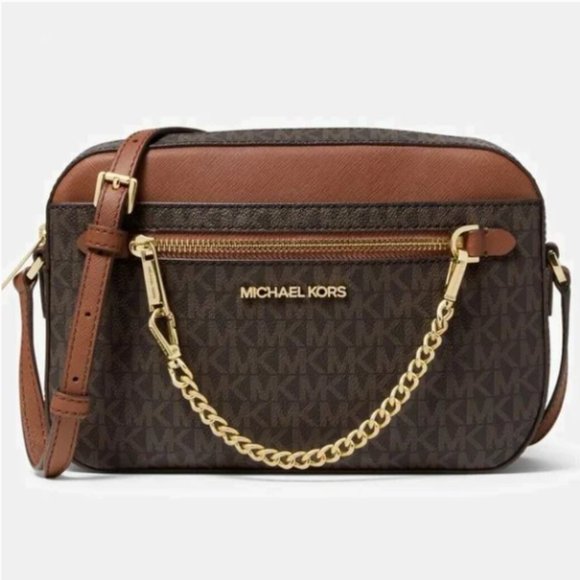 Michael Kors Handbags - Michael Kors Jet Set Large EW Leather Zip Chain Crossbody Bag Signature Brown